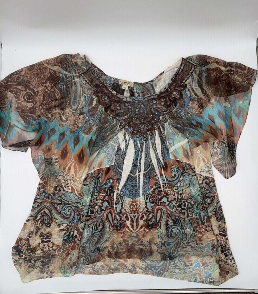 Fairycore- Embellished Black Teal Short Sleeve Tunic Top - Women's Size 2X